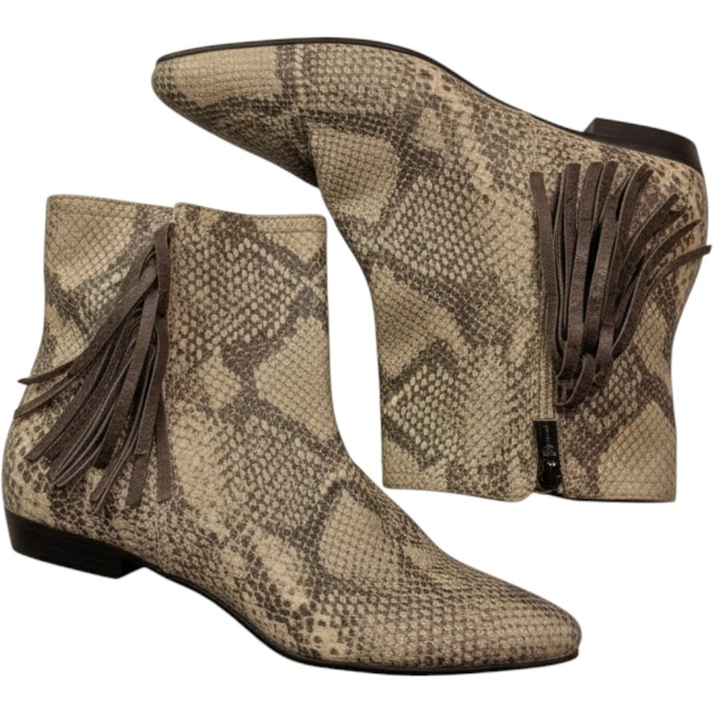 Isola Womens Grey Snakeskin Leather Pointed Toe Fringe Ankle Boots Size 9M